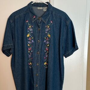 Cabin Creek Blue Denim Button Down Shirt with Floral Embroidery